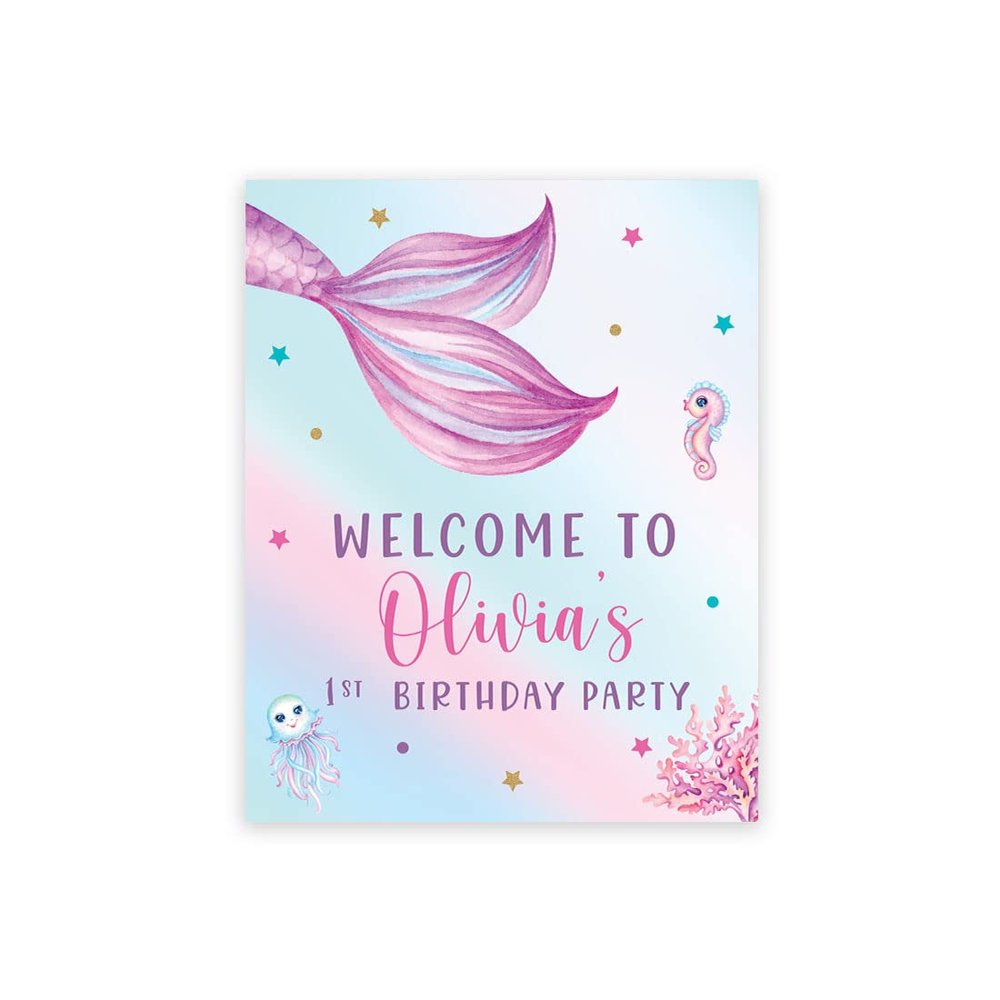 Andaz Press Personalized Birthday Welcome Sign Custom Large Canvas Welcome Sign for Kids Birthday Party, 16 x 20 Inches, Mermaid Birthday Theme, 1st Birthday Mermaid Party Decorations for Girls