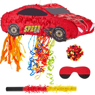 4 Pcs 15.7 Inch Race Car Piata with Pull Strings, 3D Race Car Piata with Blindfold Bat Confetti Double Sided Photo Booth Props for Boy Birthday Baby Shower Theme Party Supplies