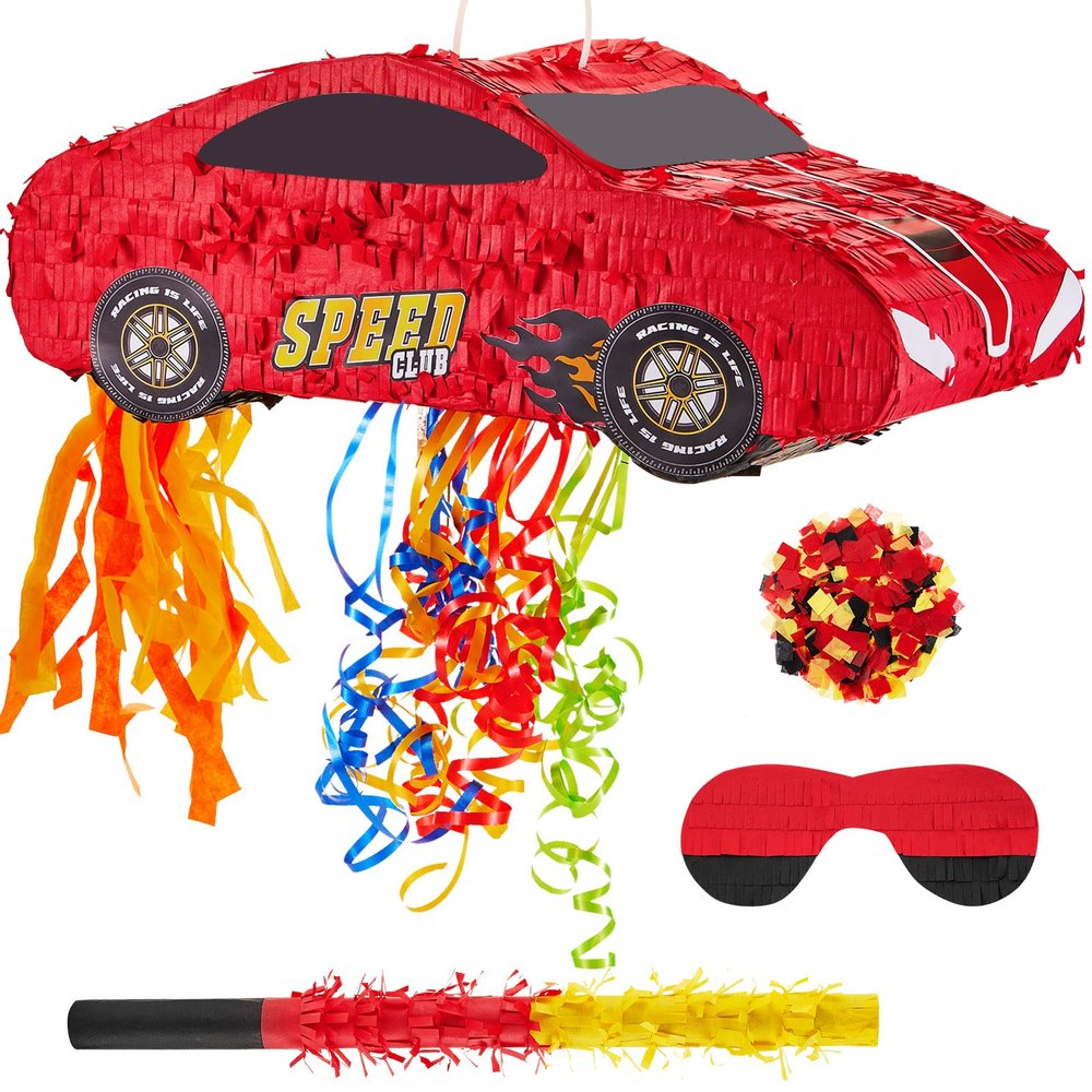 4 Pcs 15.7 Inch Race Car Piata with Pull Strings, 3D Race Car Piata with Blindfold Bat Confetti Double Sided Photo Booth Props for Boy Birthday Baby Shower Theme Party Supplies