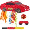 4 Pcs 15.7 Inch Race Car Piata with Pull Strings, 3D Race Car Piata with Blindfold Bat Confetti Double Sided Photo Booth Props for Boy Birthday Baby Shower Theme Party Supplies view 1