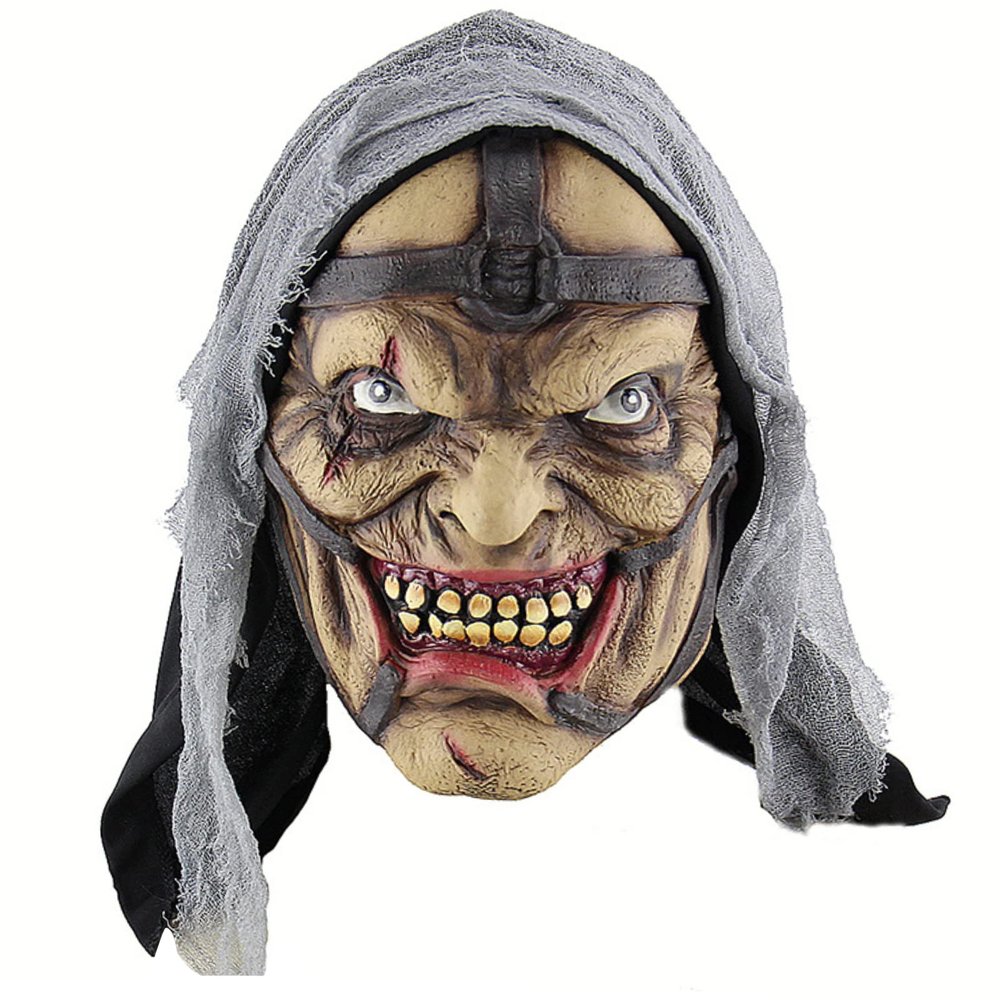 OhMill Evil Old Witch Mask Face Headgear Halloween Costume with Hair Mask Scary Party Cosplay Decoration Props Accessory