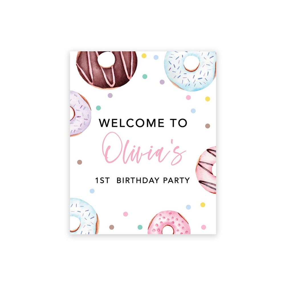 Andaz Press Personalized Birthday Sign Custom Large Canvas Welcome Sign for Kids Birthday Party, 16 x 20 Inches Donuts Birthday Theme 1st Birthday Party Decorations Two Sweet Birthday for Girls & Boys