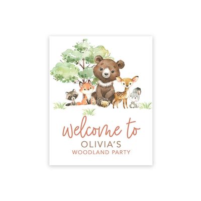 Andaz Press Personalized Birthday Welcome Sign Custom Large Canvas Welcome Sign for Kids Birthday Party, 16 x 20 Inches, Woodland Animals Birthday Theme for 1st Birthday Party for Boys and Girls