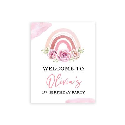 Andaz Press Personalized Birthday Welcome Sign Custom Large Canvas Welcome Sign for Kids Birthday Party, 16 x 20 Inches, Floral Rainbow Birthday Theme, 1st Birthday Rainbow Party Decorations for Girls