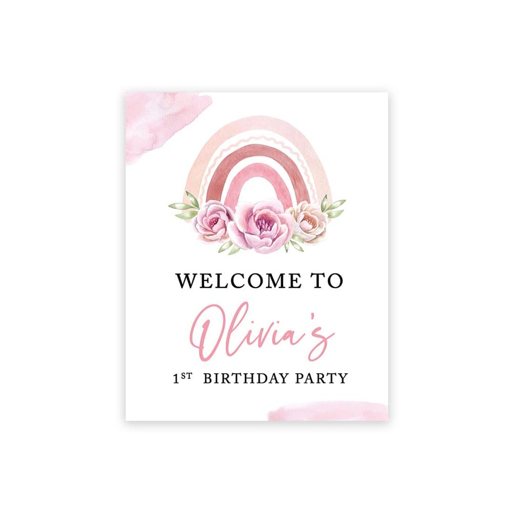 Andaz Press Personalized Birthday Welcome Sign Custom Large Canvas Welcome Sign for Kids Birthday Party, 16 x 20 Inches, Floral Rainbow Birthday Theme, 1st Birthday Rainbow Party Decorations for Girls