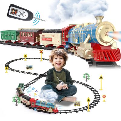 JQ JUQU Remote Control Train Set for Kids Ages 3-8, Electric Toy Train with Steam, Lights & Sounds, Includes 17 Tracks & Rechargeable Battery for Indoor Play