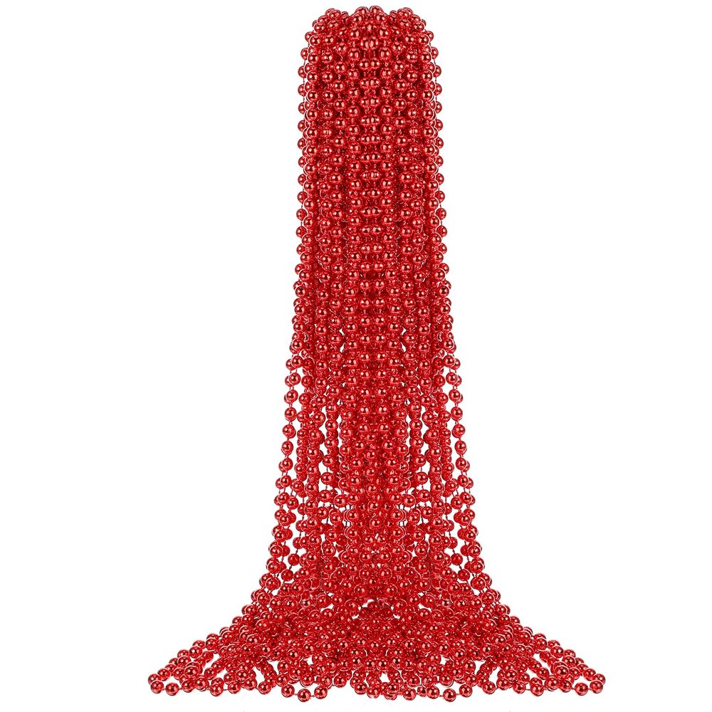 Junkin 24 Pcs Red Mardi Gras Beads 33'' 7 mm Metallic Party Beaded Necklaces Bulk Garland Costume Accessory for Halloween Christmas New Year Operation Showbox Carnival Party Favor
