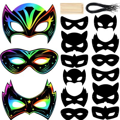 Deekin 36 Pcs Mardi Gras Hero Scratch Masks, Masquerade Mask Bulk Color Your Own Mask Crafts Rainbow Paper DIY Craft Kit Making Kits for Party Favors (Classic)