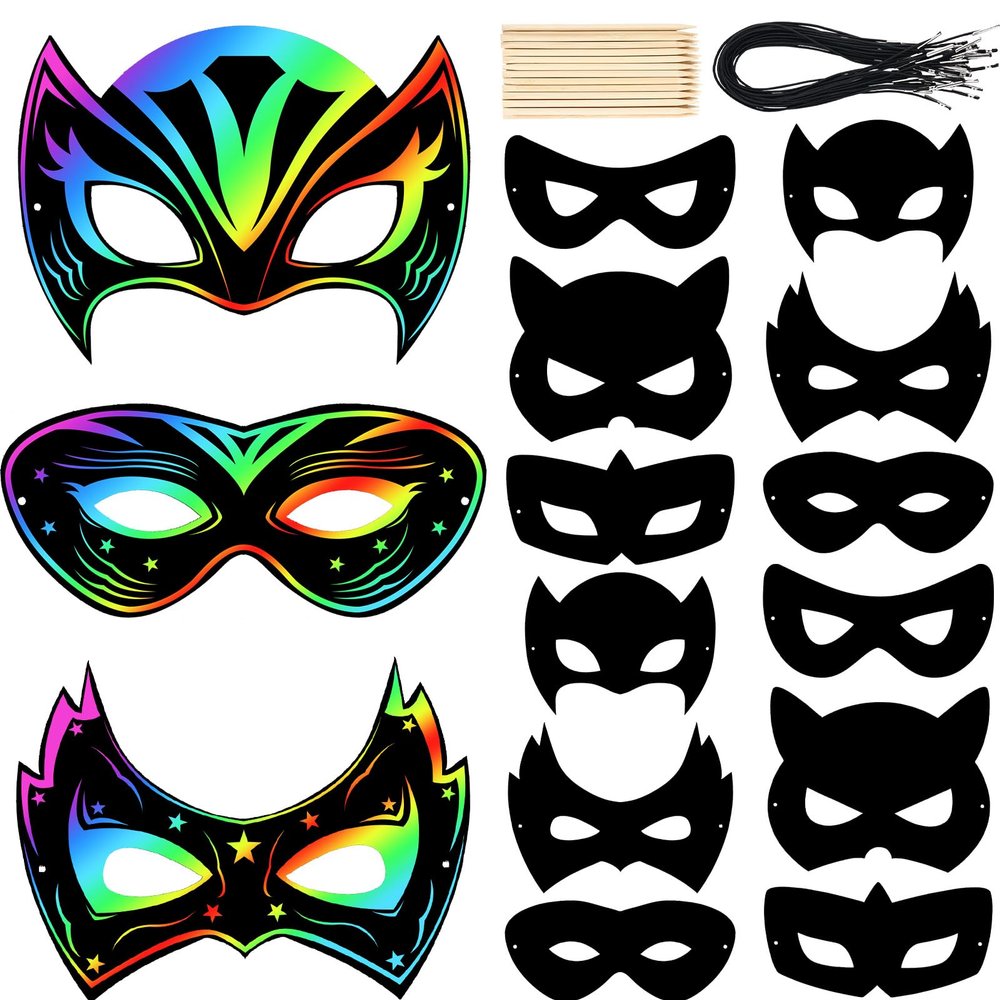 Deekin 36 Pcs Mardi Gras Hero Scratch Masks, Masquerade Mask Bulk Color Your Own Mask Crafts Rainbow Paper DIY Craft Kit Making Kits for Party Favors (Classic)