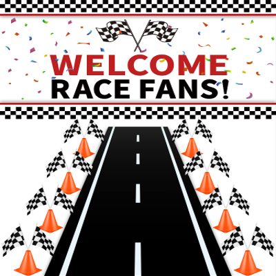 Remagr 26Pcs Race Car Party Decoration Include 1 Welcome Fans Backdrop 8 Mini Traffic Safety Cones 16 Racing Checkered Flags Long Racetrack Floor Running Mat for Theme Birthday Supplies