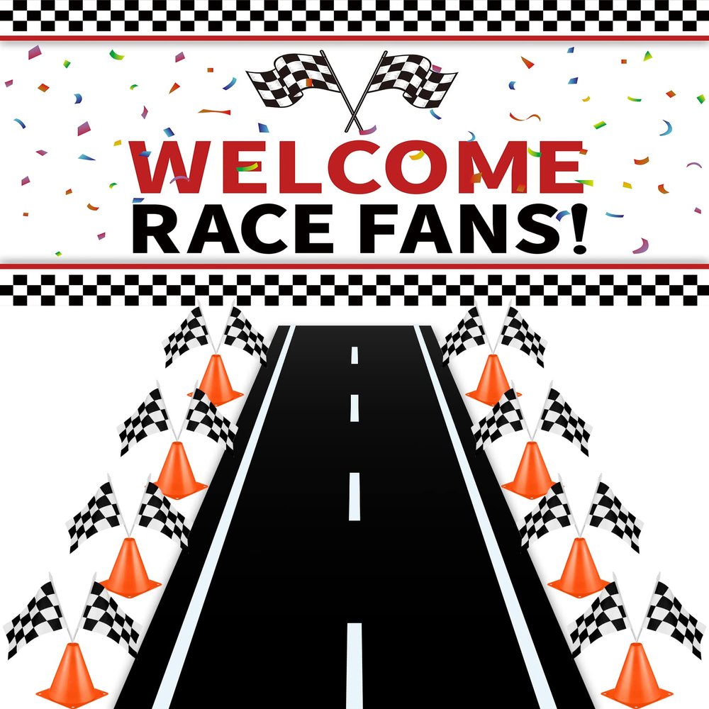 Remagr 26Pcs Race Car Party Decoration Include 1 Welcome Fans Backdrop 8 Mini Traffic Safety Cones 16 Racing Checkered Flags Long Racetrack Floor Running Mat for Theme Birthday Supplies