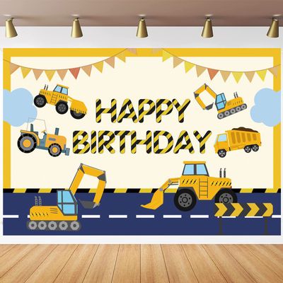 Construction Theme Happy Birthday Decoration Digger Excavator Truck Banner Dump Truck Excavator Crane Birthday Backdrop Photography Background for Boy Kids Children Party Decorations