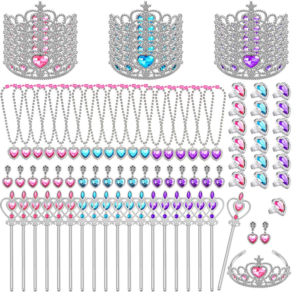 Cindeer 18 Sets Princess Jewelry Toys with Princess Crown Wand Necklace Earrings Rings Kids Jewelry for Girls Dress up Party Favors Blue Pink Purple 3 Colors
