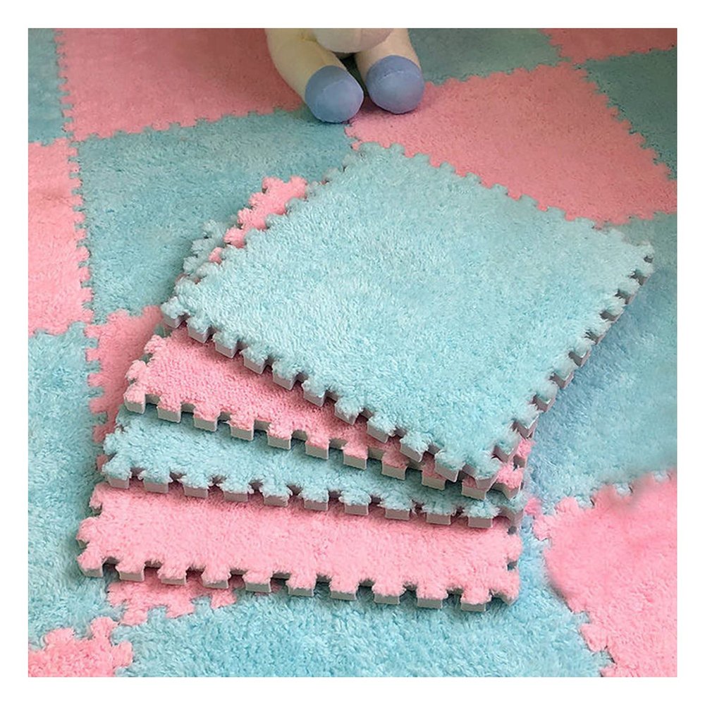 12 X 12 Inch Interlocking Carpet Tiles,10 Pieces EVA Foam Mats, Soft Fluffy Plush Area Rugs Floor Tiles, Puzzle Play Mat for Living Room Bedroom,Blue+Pink