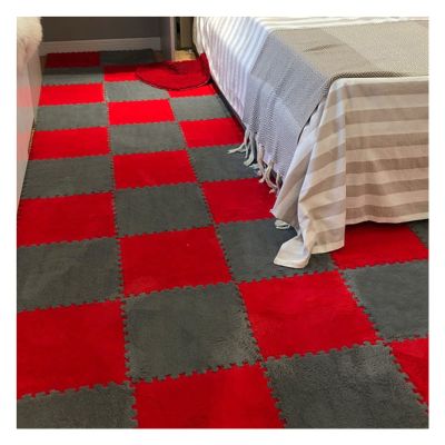 12 X 12 Inch Interlocking Carpet Tiles,10 Pieces EVA Foam Mats, Soft Fluffy Plush Area Rugs Floor Tiles, Puzzle Play Mat for Living Room Bedroom,Grey+red