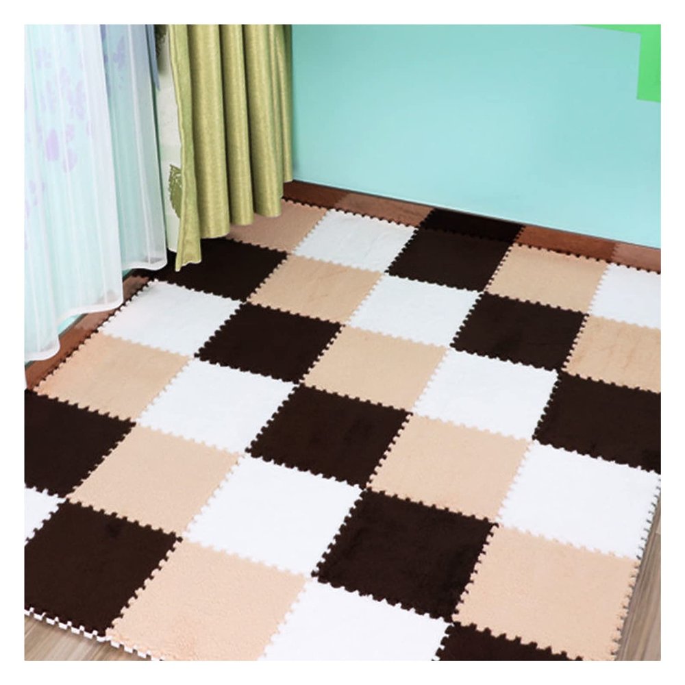 12 X 12 Inch Interlocking Carpet Tiles,10 Pieces EVA Foam Mats, Soft Fluffy Plush Area Rugs Floor Tiles, Puzzle Play Mat for Living Room Bedroom,Light Brown+White+Coffee