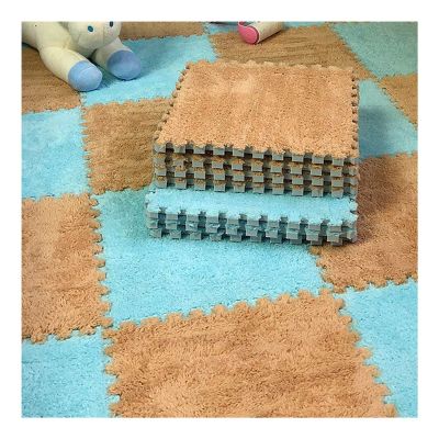 12 X 12 Inch Interlocking Carpet Tiles,10 Pieces EVA Foam Mats, Soft Fluffy Plush Area Rugs Floor Tiles, Puzzle Play Mat for Living Room Bedroom,Blue+Light Brown