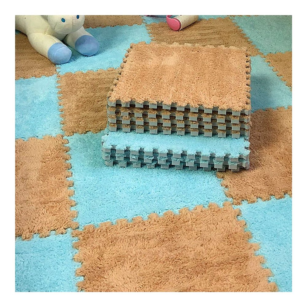 12 X 12 Inch Interlocking Carpet Tiles,10 Pieces EVA Foam Mats, Soft Fluffy Plush Area Rugs Floor Tiles, Puzzle Play Mat for Living Room Bedroom,Blue+Light Brown