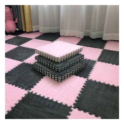 12 X 12 Inch Interlocking Carpet Tiles,10 Pieces EVA Foam Mats, Soft Fluffy Plush Area Rugs Floor Tiles, Puzzle Play Mat for Living Room Bedroom,Grey+Pink