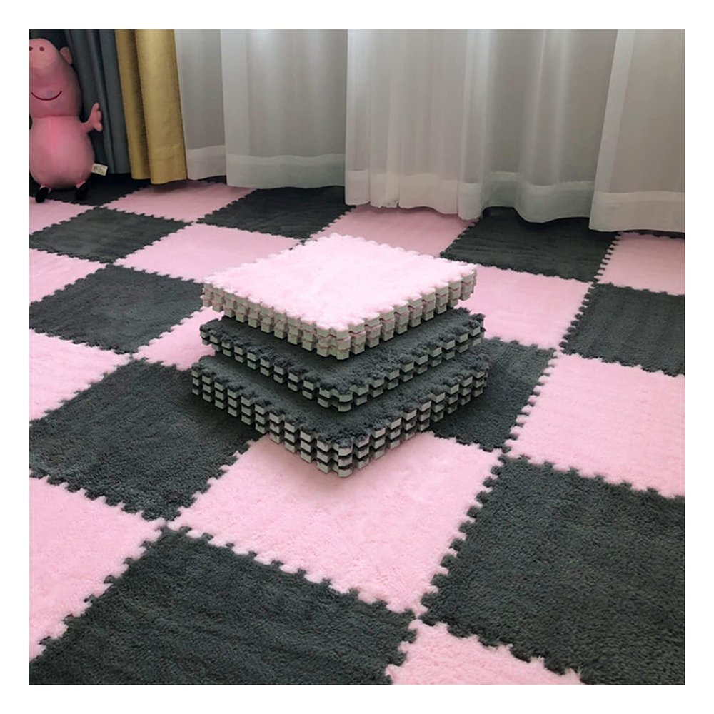 12 X 12 Inch Interlocking Carpet Tiles,10 Pieces EVA Foam Mats, Soft Fluffy Plush Area Rugs Floor Tiles, Puzzle Play Mat for Living Room Bedroom,Grey+Pink