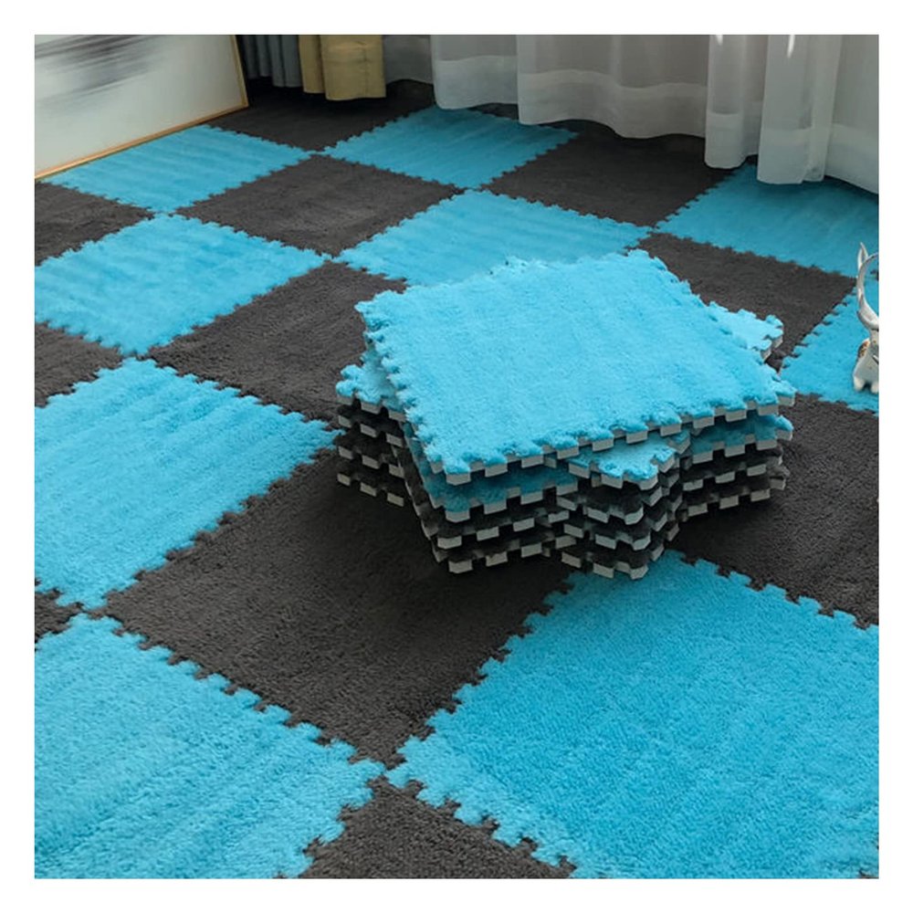 12 X 12 Inch Interlocking Carpet Tiles,10 Pieces EVA Foam Mats, Soft Fluffy Plush Area Rugs Floor Tiles, Puzzle Play Mat for Living Room Bedroom,Grey+Dark Blue