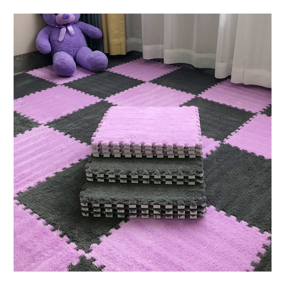 12 X 12 Inch Interlocking Carpet Tiles,10 Pieces EVA Foam Mats, Soft Fluffy Plush Area Rugs Floor Tiles, Puzzle Play Mat for Living Room Bedroom,Grey+Purple