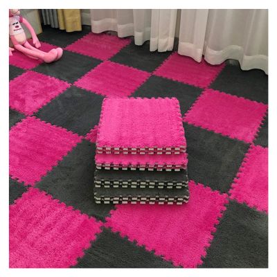 12 X 12 Inch Interlocking Carpet Tiles,10 Pieces EVA Foam Mats, Soft Fluffy Plush Area Rugs Floor Tiles, Puzzle Play Mat for Living Room Bedroom,Grey+Rose