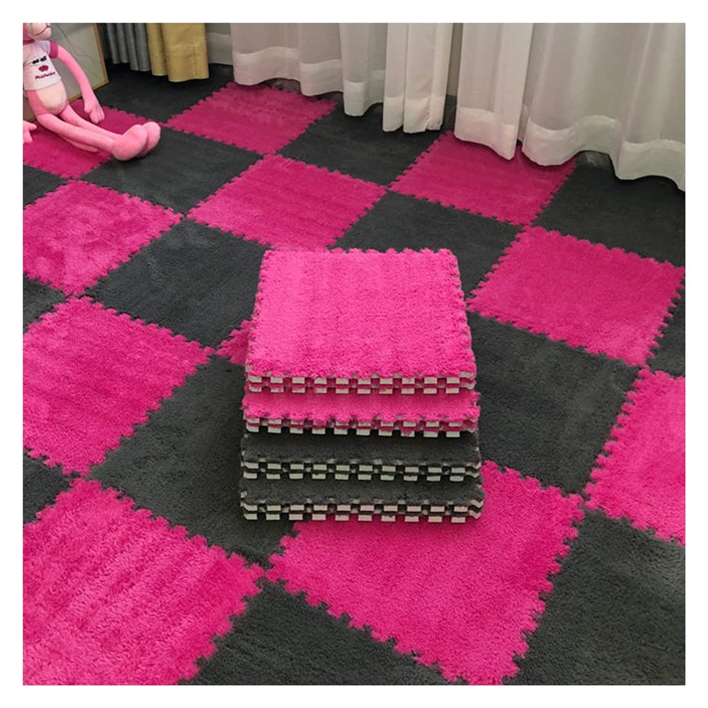 12 X 12 Inch Interlocking Carpet Tiles,10 Pieces EVA Foam Mats, Soft Fluffy Plush Area Rugs Floor Tiles, Puzzle Play Mat for Living Room Bedroom,Grey+Rose