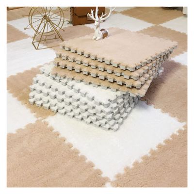 12 X 12 Inch Interlocking Carpet Tiles,10 Pieces EVA Foam Mats, Soft Fluffy Plush Area Rugs Floor Tiles, Puzzle Play Mat for Living Room Bedroom,Light Brown+White