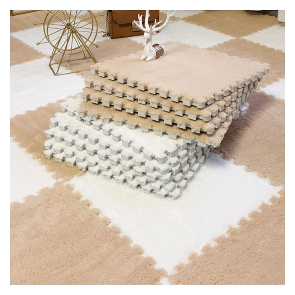 12 X 12 Inch Interlocking Carpet Tiles,10 Pieces EVA Foam Mats, Soft Fluffy Plush Area Rugs Floor Tiles, Puzzle Play Mat for Living Room Bedroom,Light Brown+White
