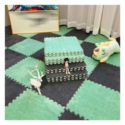 12 X 12 Inch Interlocking Carpet Tiles,10 Pieces EVA Foam Mats, Soft Fluffy Plush Area Rugs Floor Tiles, Puzzle Play Mat for Living Room Bedroom,Grey+Green