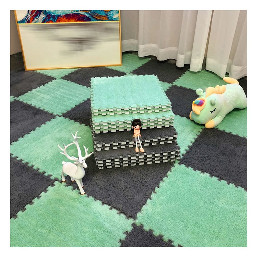 12 X 12 Inch Interlocking Carpet Tiles,10 Pieces EVA Foam Mats, Soft Fluffy Plush Area Rugs Floor Tiles, Puzzle Play Mat for Living Room Bedroom,Grey+Green