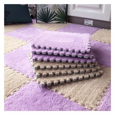 12 X 12 Inch Interlocking Carpet Tiles,10 Pieces EVA Foam Mats, Soft Fluffy Plush Area Rugs Floor Tiles, Puzzle Play Mat for Living Room Bedroom,Light Brown+Purple