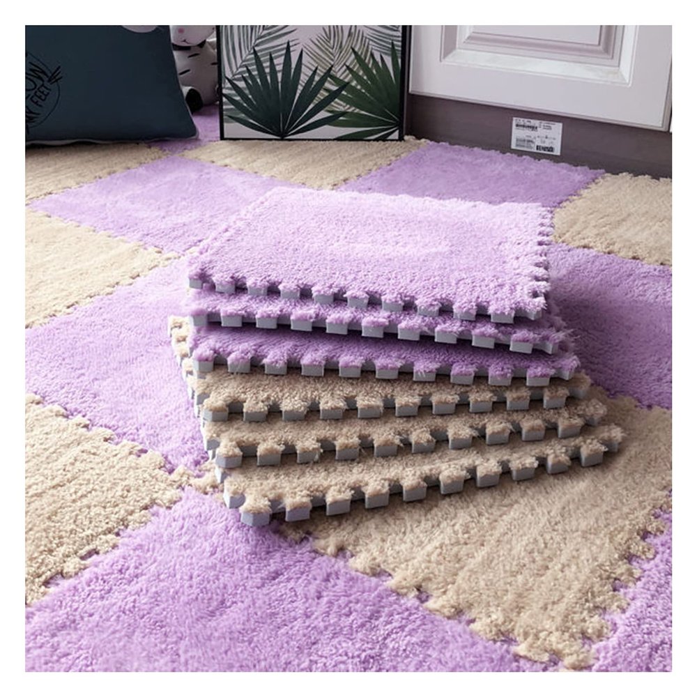 12 X 12 Inch Interlocking Carpet Tiles,10 Pieces EVA Foam Mats, Soft Fluffy Plush Area Rugs Floor Tiles, Puzzle Play Mat for Living Room Bedroom,Light Brown+Purple