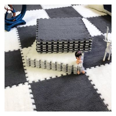 12 X 12 Inch Interlocking Carpet Tiles,10 Pieces EVA Foam Mats, Soft Fluffy Plush Area Rugs Floor Tiles, Puzzle Play Mat for Living Room Bedroom,Grey+White