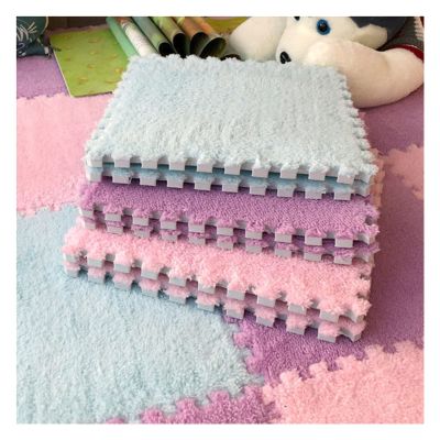 12 X 12 Inch Interlocking Carpet Tiles,10 Pieces EVA Foam Mats, Soft Fluffy Plush Area Rugs Floor Tiles, Puzzle Play Mat for Living Room Bedroom,Pink+Purple+Blue