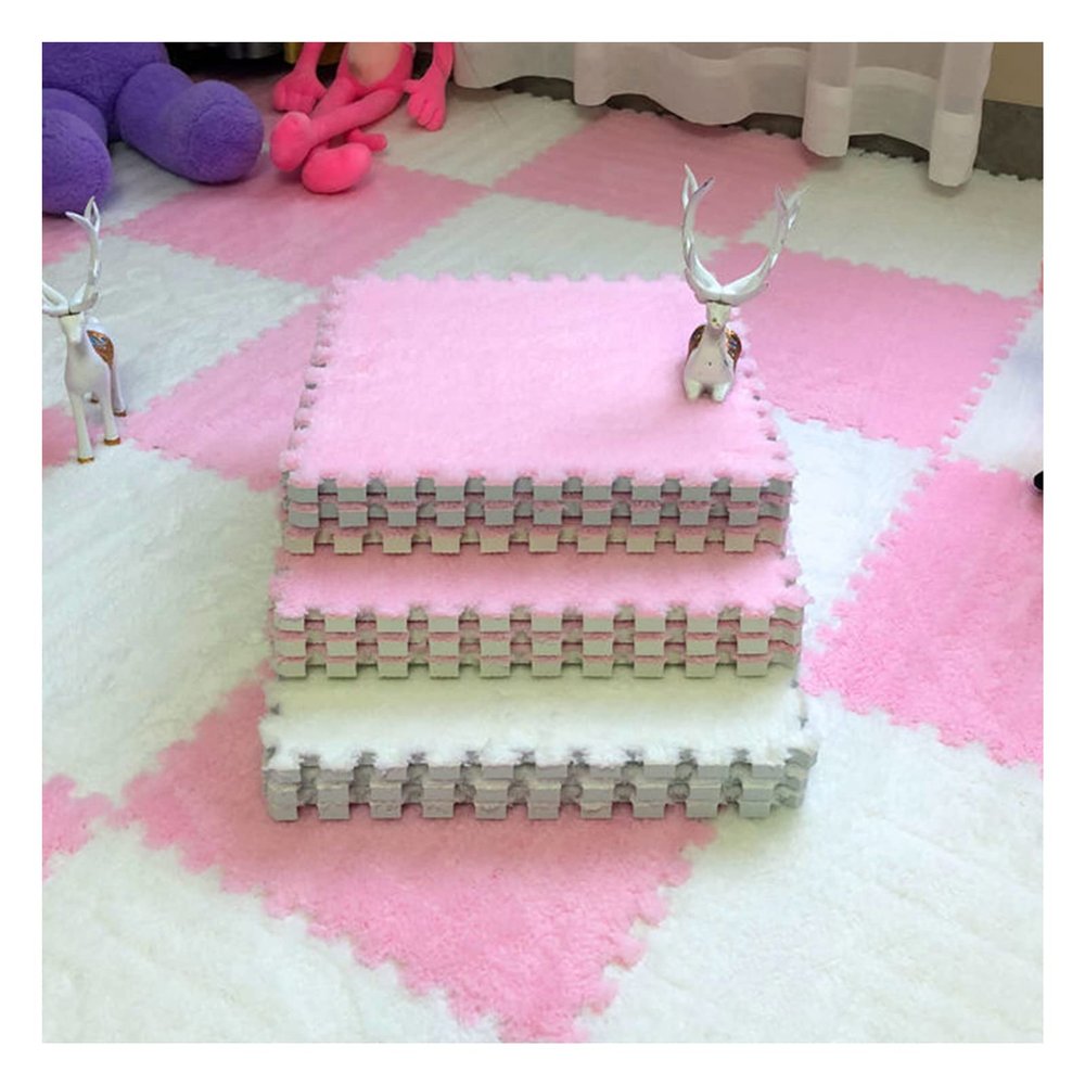 12 X 12 Inch Interlocking Carpet Tiles,10 Pieces EVA Foam Mats, Soft Fluffy Plush Area Rugs Floor Tiles, Puzzle Play Mat for Living Room Bedroom,Pink+White
