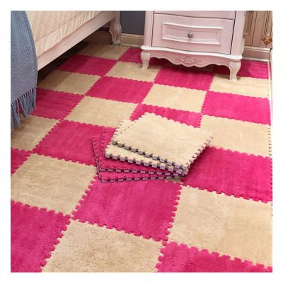 12 X 12 Inch Interlocking Carpet Tiles,10 Pieces EVA Foam Mats, Soft Fluffy Plush Area Rugs Floor Tiles, Puzzle Play Mat for Living Room Bedroom,Rose red+Light Brown