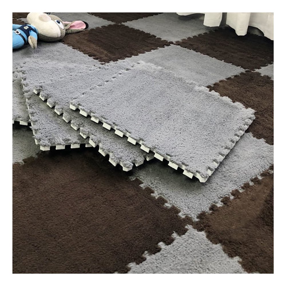 12 X 12 Inch Interlocking Carpet Tiles,10 Pieces EVA Foam Mats, Soft Fluffy Plush Area Rugs Floor Tiles, Puzzle Play Mat for Living Room Bedroom,Grey+Dark Coffee