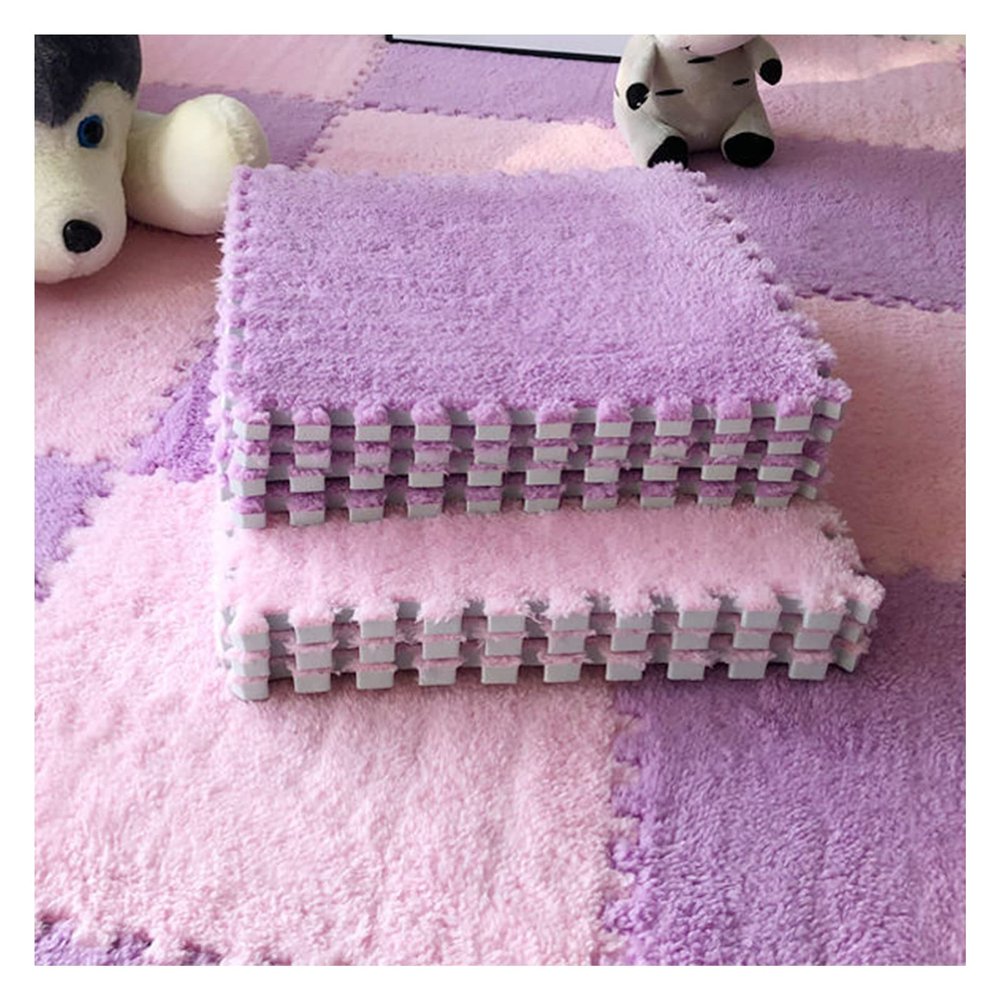 12 X 12 Inch Interlocking Carpet Tiles,10 Pieces EVA Foam Mats, Soft Fluffy Plush Area Rugs Floor Tiles, Puzzle Play Mat for Living Room Bedroom,Purple+Pink