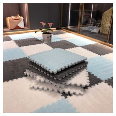 12 X 12 Inch Interlocking Carpet Tiles,10 Pieces EVA Foam Mats, Soft Fluffy Plush Area Rugs Floor Tiles, Puzzle Play Mat for Living Room Bedroom,Blue+Grey+White