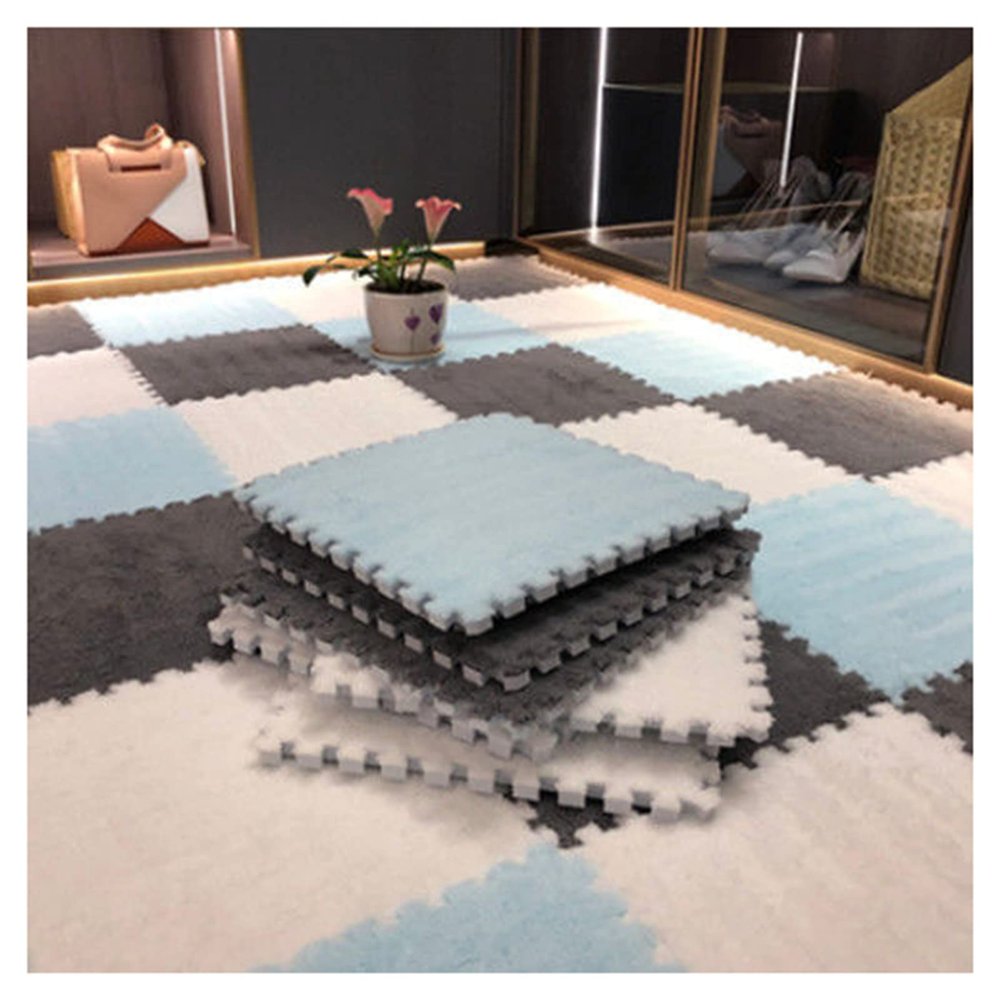12 X 12 Inch Interlocking Carpet Tiles,10 Pieces EVA Foam Mats, Soft Fluffy Plush Area Rugs Floor Tiles, Puzzle Play Mat for Living Room Bedroom,Blue+Grey+White