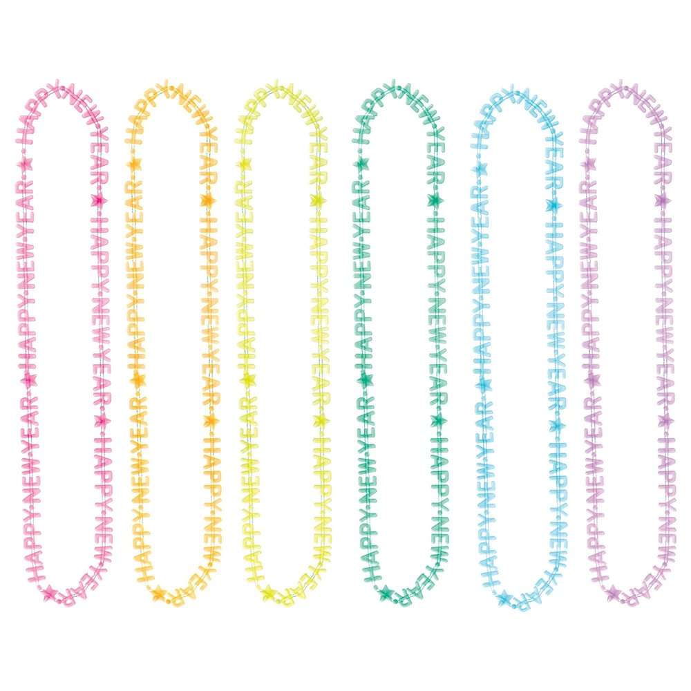 Happy New Year Glow Necklaces - 16" (Pack of 6) - Assorted Color Festive Plastic Necklaces - Perfect for NYE Celebrations