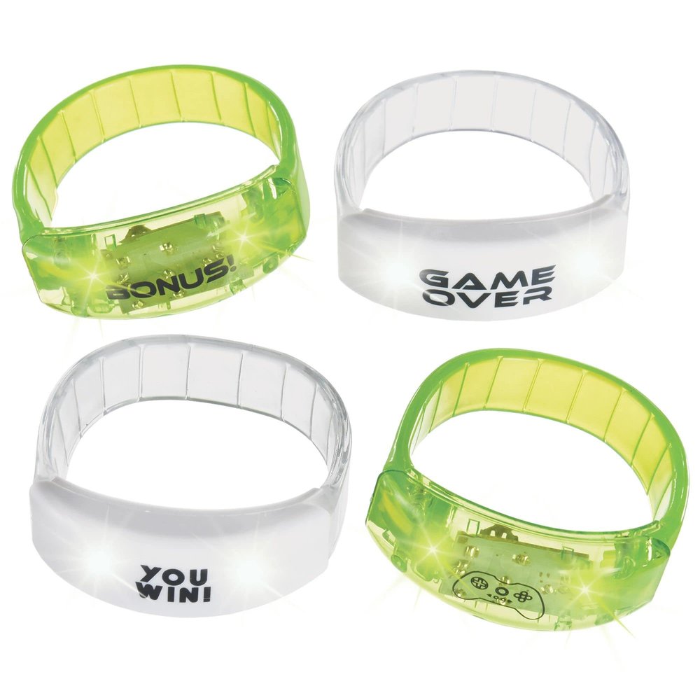 Amscan Level Up Light Up Bracelets - 3.5" x 0.44" (Set of 4) - White & Green Plastic LED Wristbands - Perfect for Parties, Festivals & Events