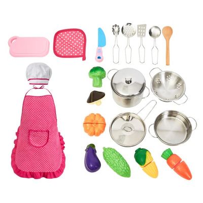 Hey! Play! Play Kitchen Accessories 23-Piece Child Chef Set with Toy Cookware, Play Veggies, Utensils, and Plastic Storage Container