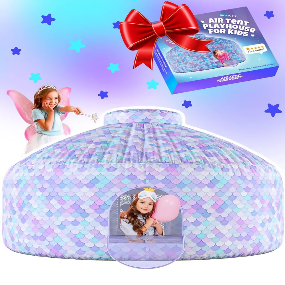 Skywin Mermaid Magic Fort Air Tent for Kids with Door (77 x 50) Builds in 30 Seconds, Toddler Tents Indoor for Imaginative Play, Kids Forts Indoor Playhouse, Christmas/Birthday Gift (Fan Not Incl)