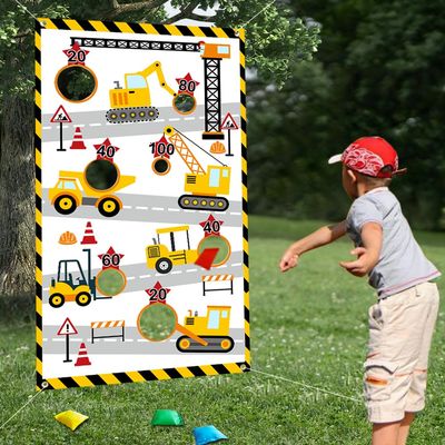 Construction Truck Toss Game Banner with 4 Bean Bags Indoor Outdoor Excavator Throwing Theme Party Game Banner with 7 Score Holes for Adults Birthday Party Decorations Yellow