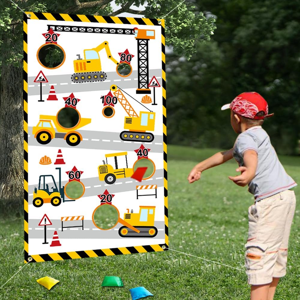Construction Truck Toss Game Banner with 4 Bean Bags Indoor Outdoor Excavator Throwing Theme Party Game Banner with 7 Score Holes for Adults Birthday Party Decorations Yellow