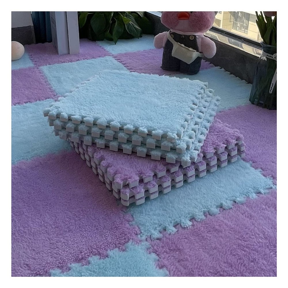 12"X12" Plush Interlocking Foam Mat, 6Mm Thick Foam Mat,Living Room Bedroom Carpet Tiles Area Rug Mat,Soft Puzzle Play Mat,Light Blue+Purple,60Pcs
