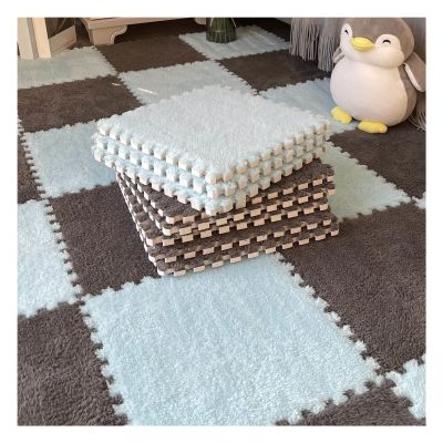 12"X12" Plush Interlocking Carpet Tiles, 10Mm Thick Foam Mat, Puzzle Play Mat, Soft Crawling Playing Floor Mat, Anti-Slip and Anti-Fall,Gray+Light Blue,40Pcs